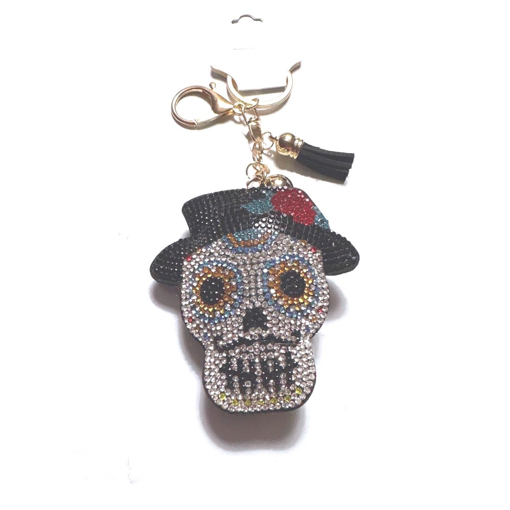 Puffy Sugar Skull Rhinestone Keychain Day of the Dead Dia de los Muertos Charm‎
